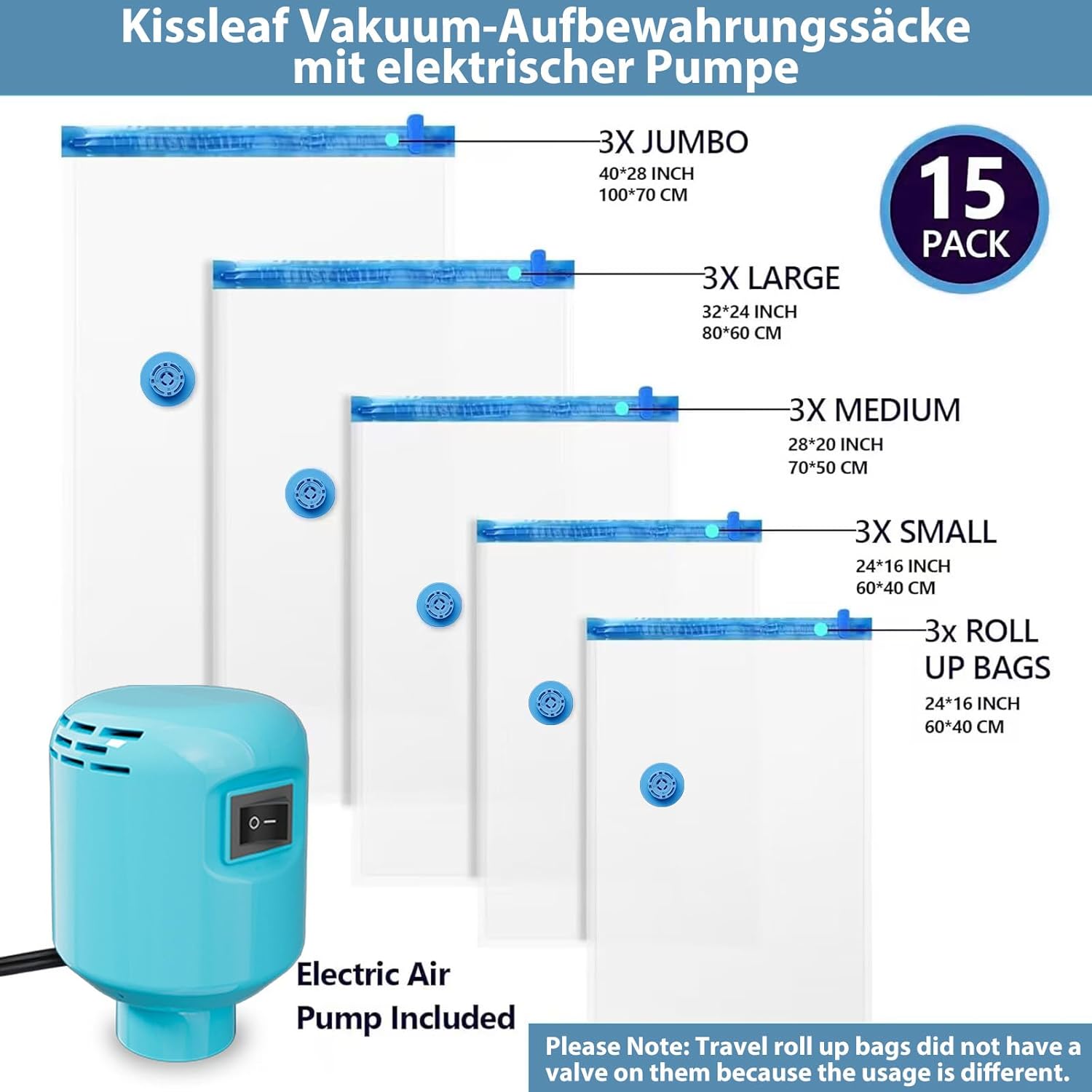 Sacs sous vide vêtements - lot de 15 - grandes tailles, pompe électrique, compression rapide, anti-poussière