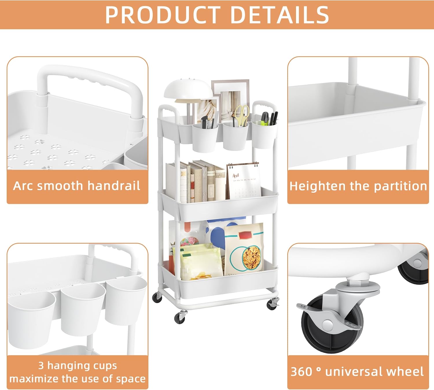 JIUYOTREE - chariot 3 niveaux, roulettes verrouillables, blanc, rangement compact