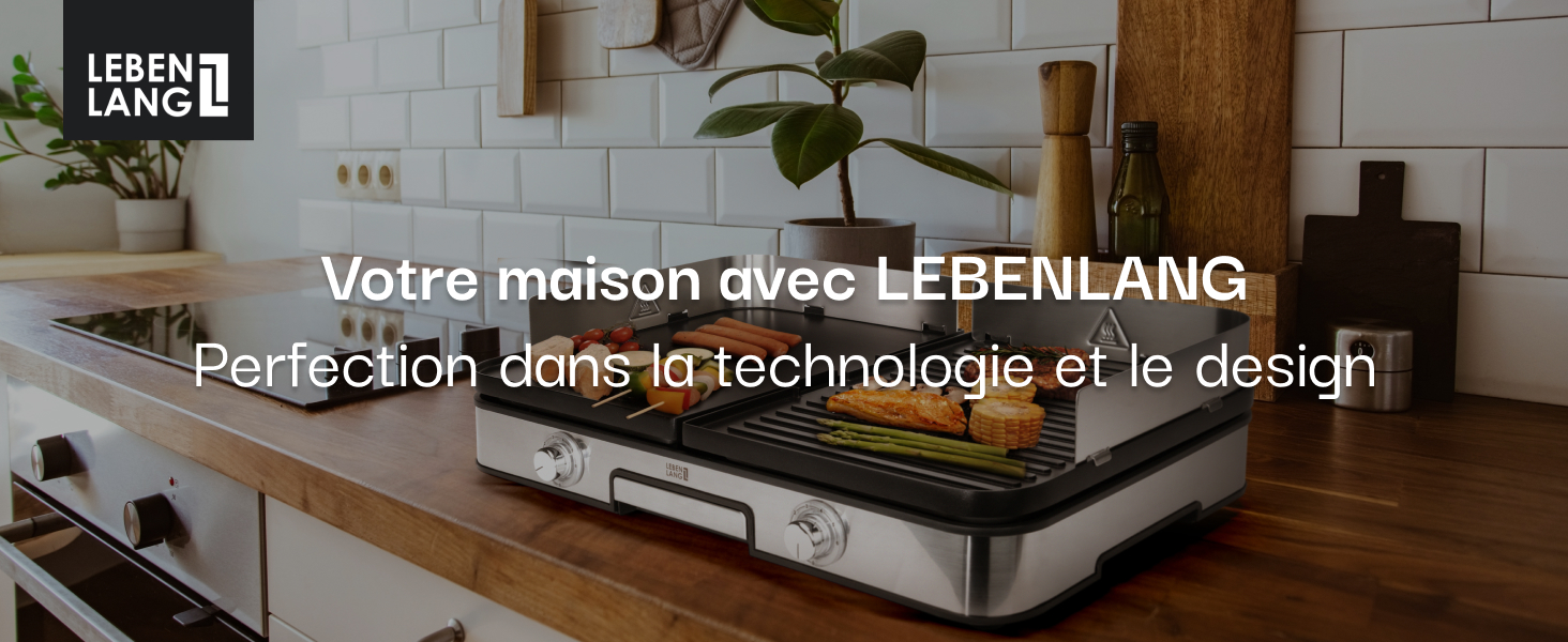 Plan de travail de cuisine moderne avec plaque de cuisson à induction. Le texte « LEBENLANG » est visible, suggérant un nom de marque pour les produits de technologie domestique et de design