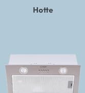 Le texte indique « Hotte ». Hotte de cuisine en acier inoxydable avec deux boutons de commande circulaires et filtre à mailles métalliques visibles sur fond blanc.