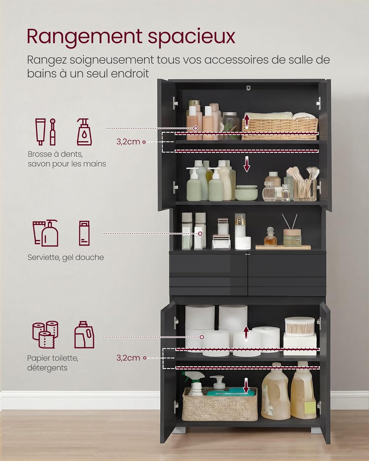 VASAGLE - colonne salle de bain, 30x60x170 cm, 2 tiroirs, étagères réglables, BBC563BH01