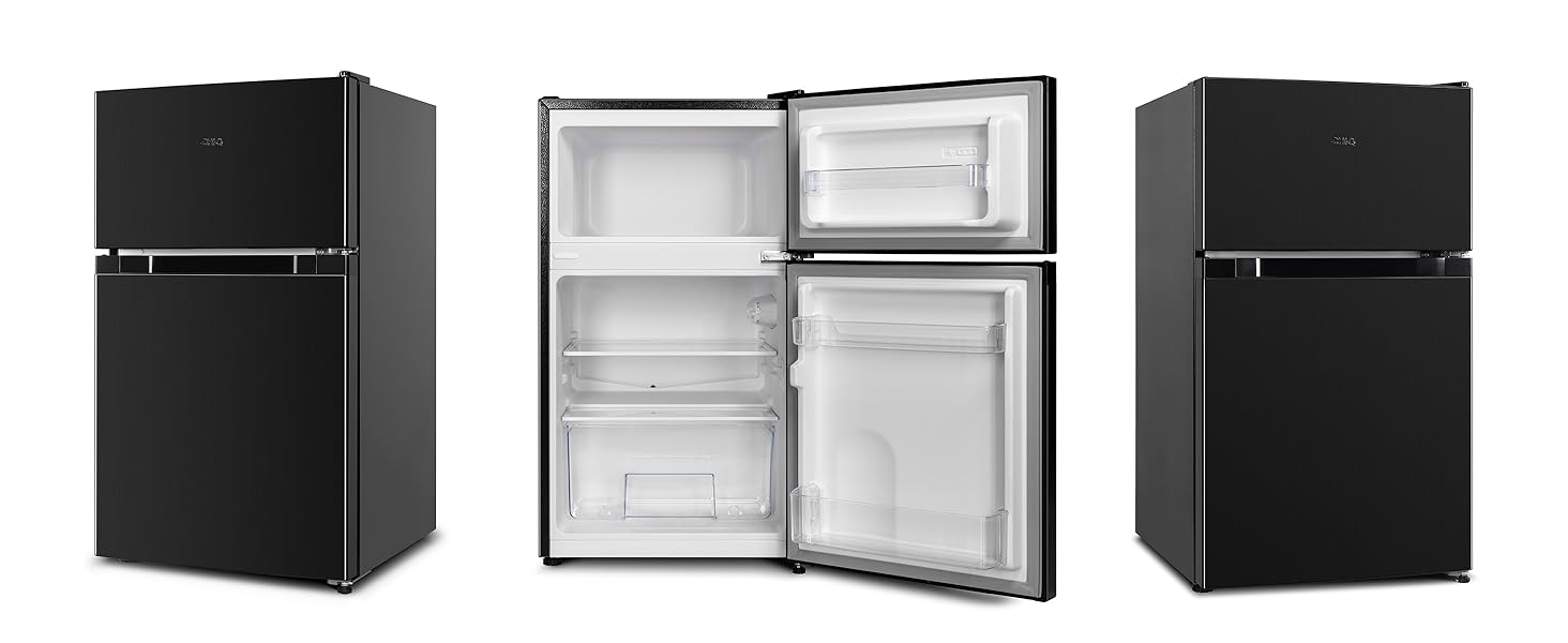 Réfrigérateur noir compact avec compartiment congélateur. Trois vues sont présentées : extérieur fermé, intérieur ouvert et profil latéral.