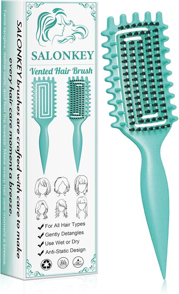 Brosse à boucler - manche ergonomique, antistatique, doux - démêlage facile - cheveux femmes, hommes, enfants - vert