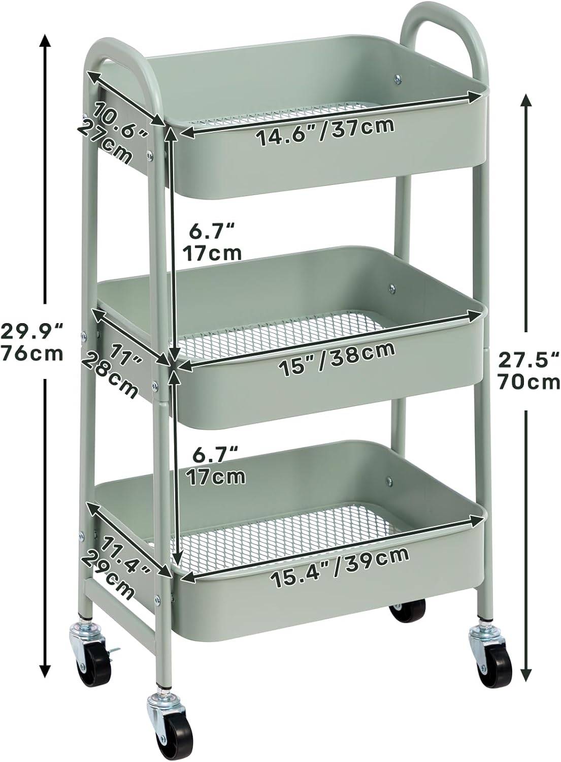 DOEWORKS - Chariot de rangement 3 niveaux à roulettes, métal, cyan, idéal cuisine/bureau/salle de bain