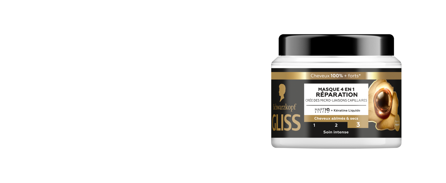 Le texte indique « MASQUE 4-EN-1 RÉPARATION ». Contenant de masque de traitement capillaire noir et doré avec emballage de produit coiffant professionnel.