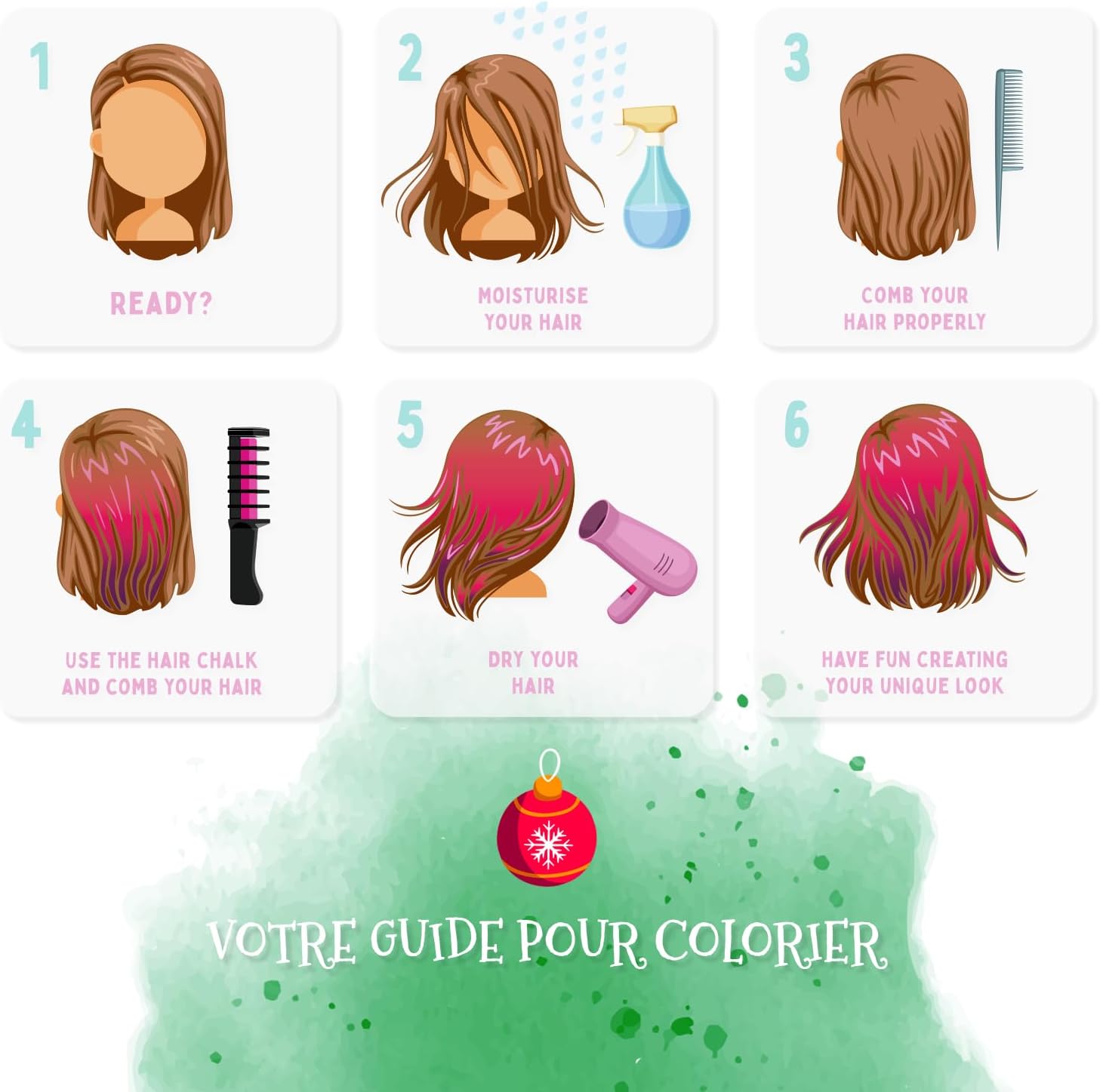 Magicat - Peigne à craie cheveux 10 couleurs, lavable, 5 élastiques