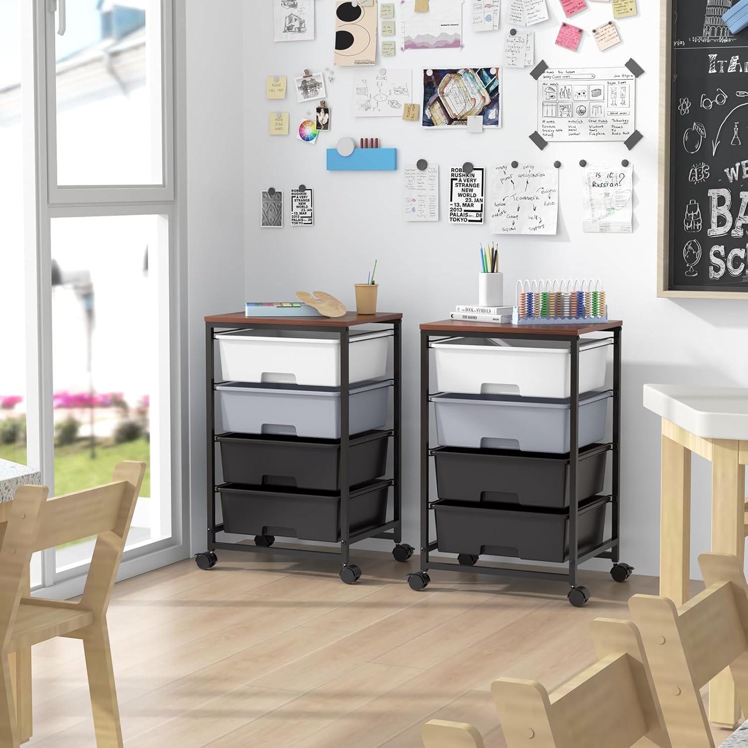 Chariot de rangement - 4 tiroirs, roulettes, plateau bois, gris, grande capacité