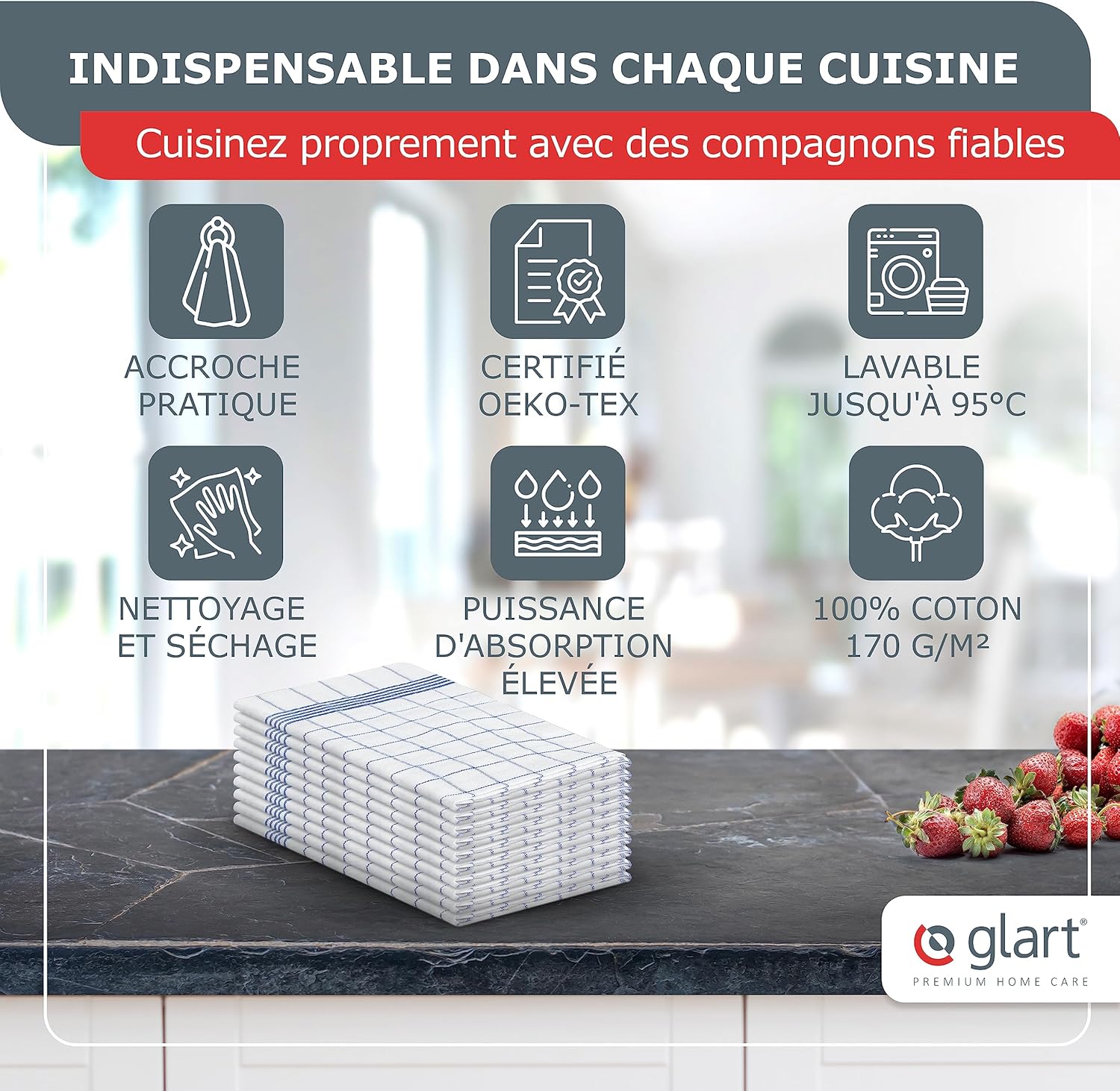 Glart - torchons 48GR - 45x90 cm - coton absorbant, pré-lavé, sans peluches