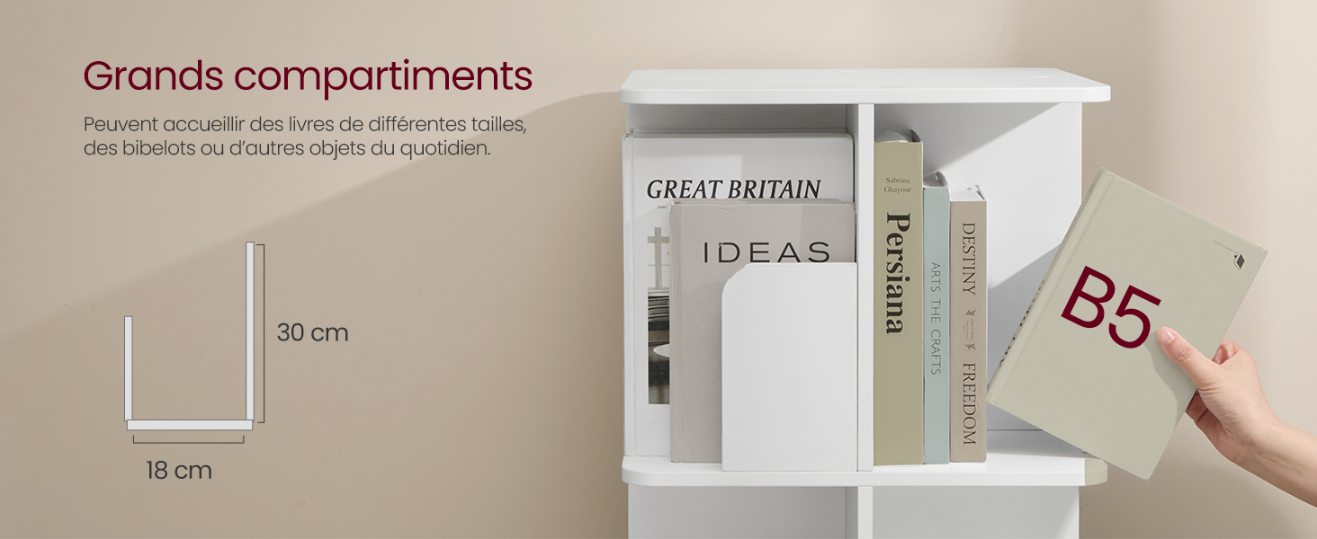 Le texte se lit comme suit : « Grands compartiments ». Démonstration de la solution de rangement montrant différents compartiments et mesures, avec une démonstration manuelle de l'utilisation.