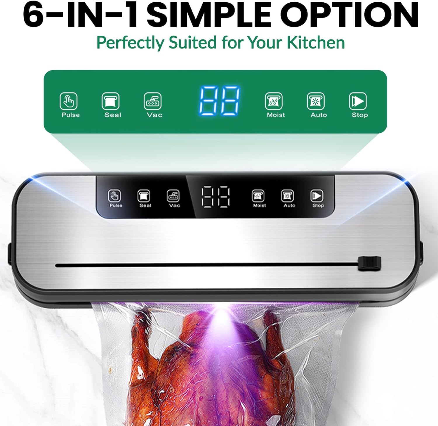 Machine sous vide alimentaire - 6 en 1, 75kPa, mode sec/humide, 50 sacs, couteau