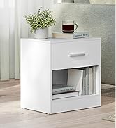 avec tiroir simple et étagère ouverte. Design compact avec poignée chromée, exposant des livres et des objets de décoration.