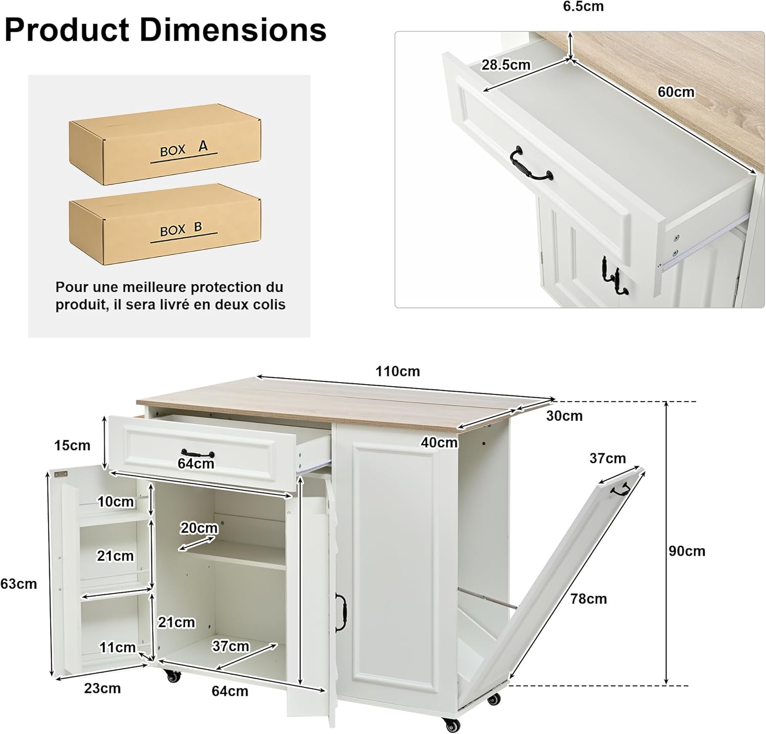 Desserte îlot cuisine - plan de travail rabattable, USB, rangement - blanc - roulettes, tiroir, porte-torchon, poubelle
