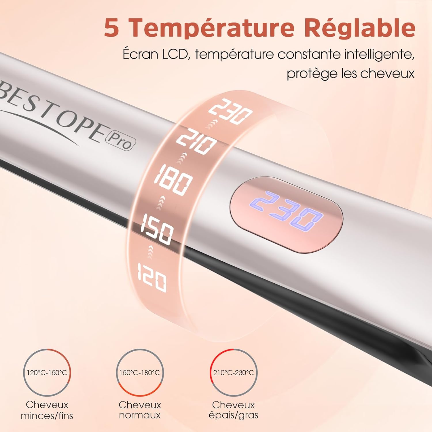 BESTOPE - PRO Lisseur 2en1 céramique, écran LCD, 120-230°C, cheveux épais