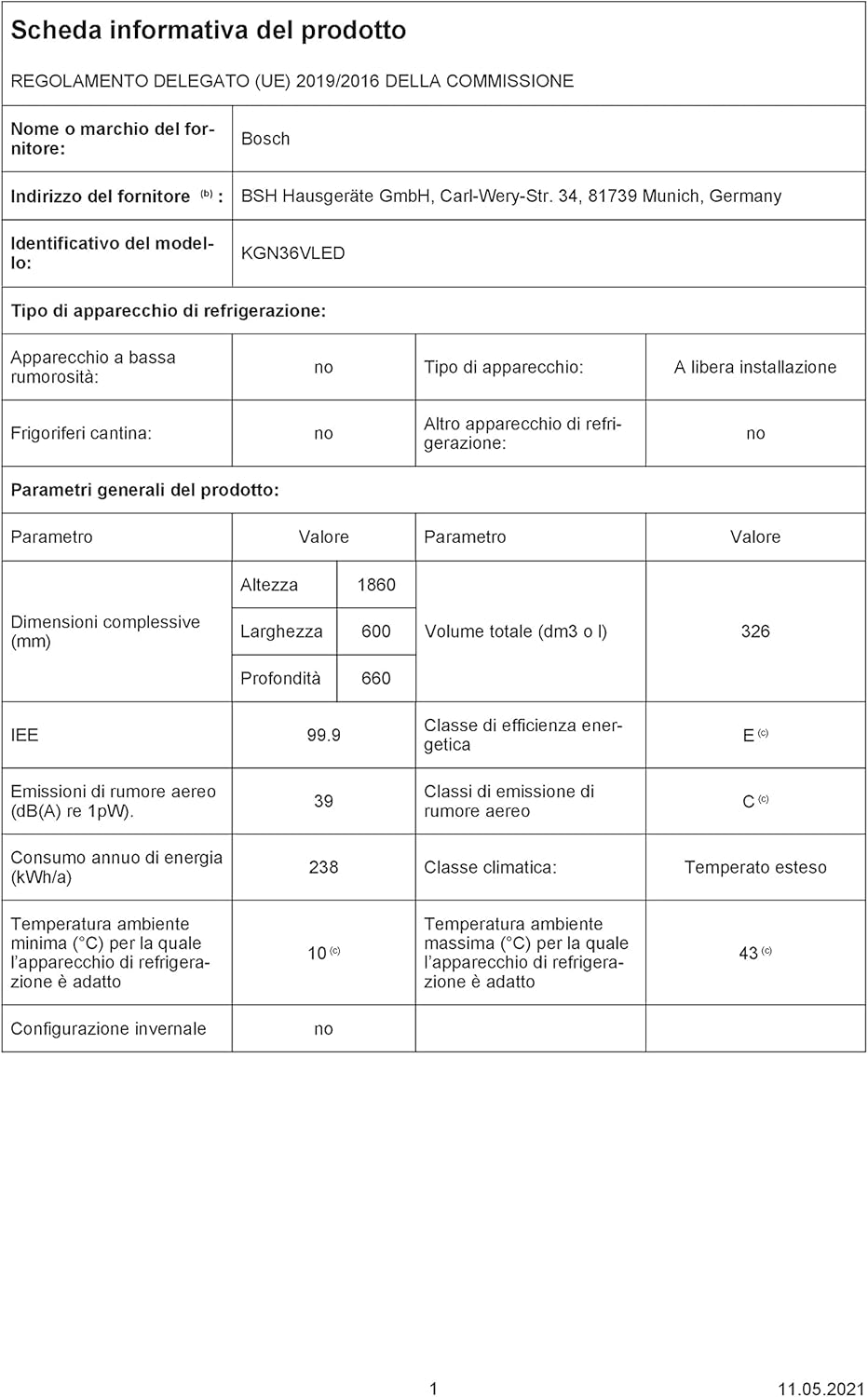 Bosch - KGN36VLED Série 4 - 186x60 cm - 326L - inox, KGN36VLED