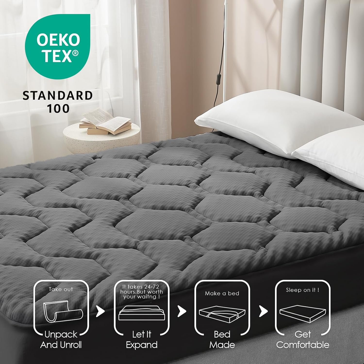 EHEYCIGA - Surmatelas mémoire de forme 180x200 - poche profonde, rafraîchissant, gris foncé