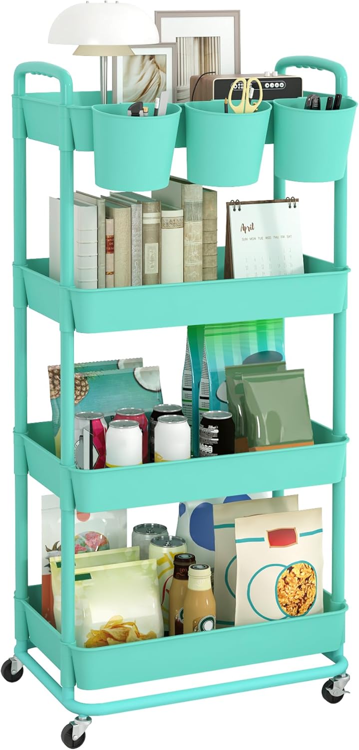JIUYOTREE - chariot 4 niveaux - roulettes verrouillables, poignées, gobelets - rangement polyvalent