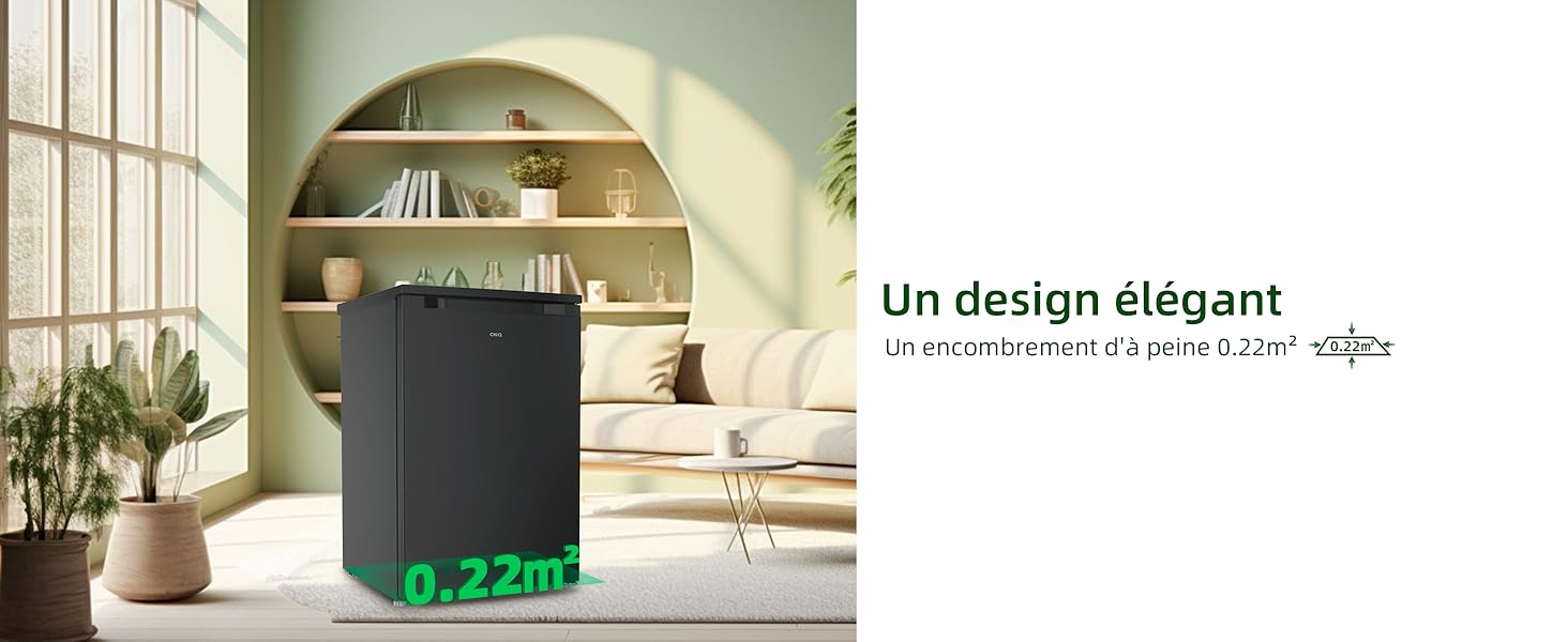 dans un décor intérieur élégant. La superposition de texte en français mentionne « Un design élégant » et la spécification de taille « 0,22 m² ».