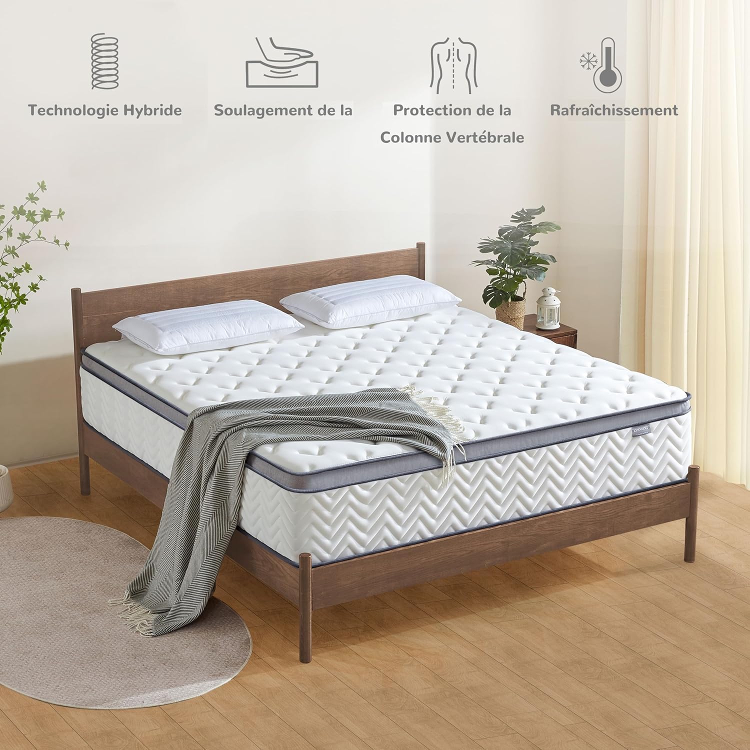 Matelas hybride 180x200cm - ressorts ensachés, mémoire de forme, mi-ferme