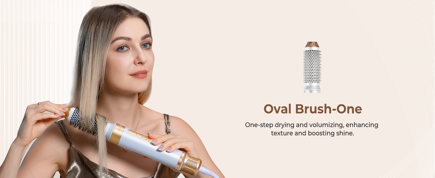 Le texte indique « Oval Brush-One ». Outil de coiffage avec tête de brosse ovale présentée avec une finition argentée métallisée.