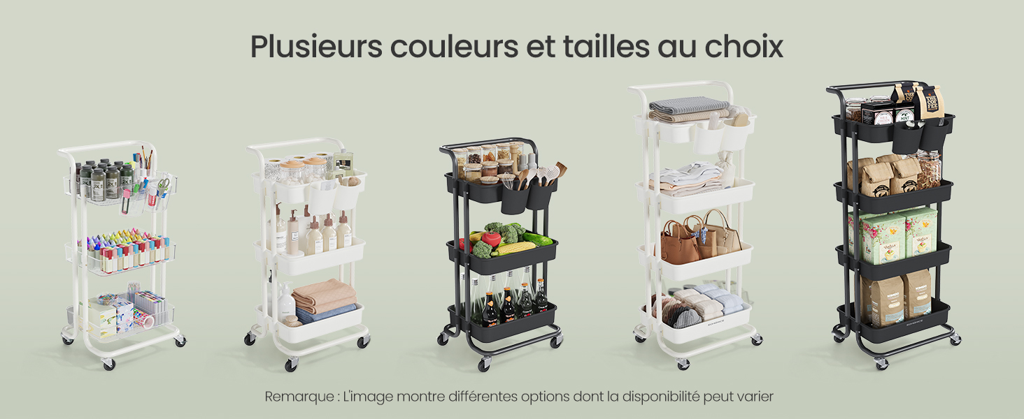 Le texte indique « Plusieurs couleurs et tailles au choix ». Présentation de plusieurs présentoirs ou présentoirs de vente au détail identiques présentés en rangée.