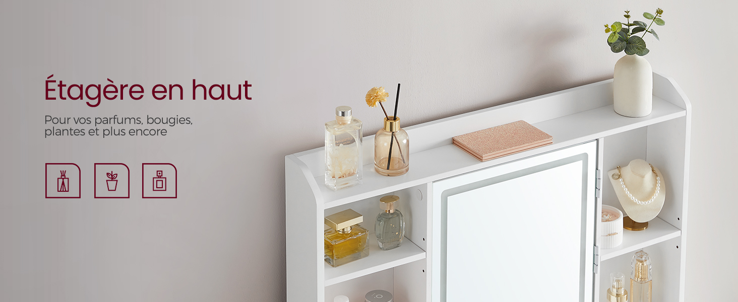 une étagère avec des flacons de parfum et un miroir.