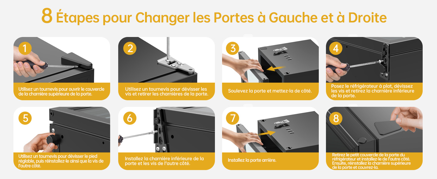 Le texte se lit comme suit : « 8 étapes pour changer les pentes à Gauche et à Droite ». Schéma d'instructions montrant 8 étapes avec des flèches et des icônes pour régler l'équipement.