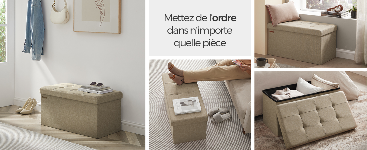 beige présenté en trois configurations : fermé, partiellement ouvert et complètement ouvert, révélant un espace de rangement intérieur