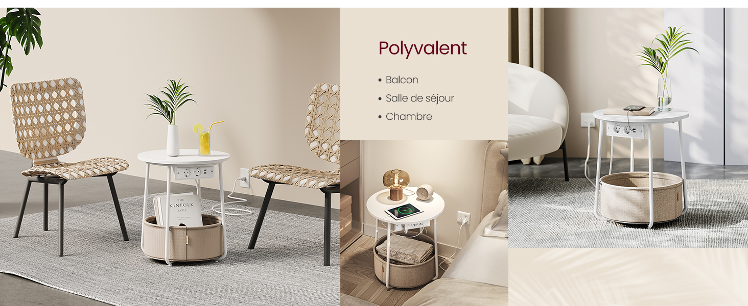 comprenant des chaises de couleur claire, des tables d'appoint et des cubes de rangement. Texte « Polyvalent » visible à l'aide de puces.