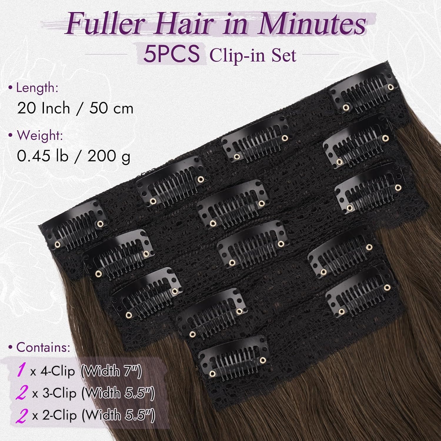 BARSDAR - Extensions à clips série lace 50cm - Synthétiques brunes ondulées, aspect naturel