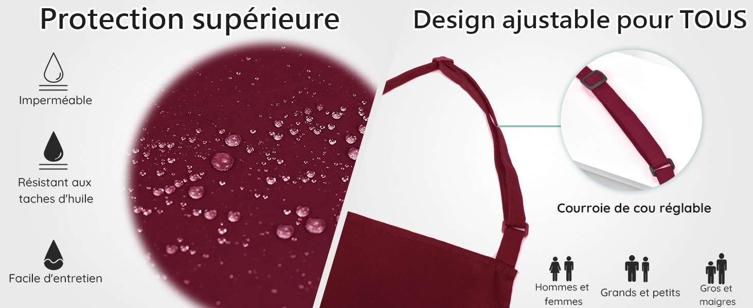 avec des gouttelettes d'eau démontrant des propriétés imperméables. Bracelet ajustable illustré, avec des icônes indiquant la résistance à l'eau et la facilité d'entretien.