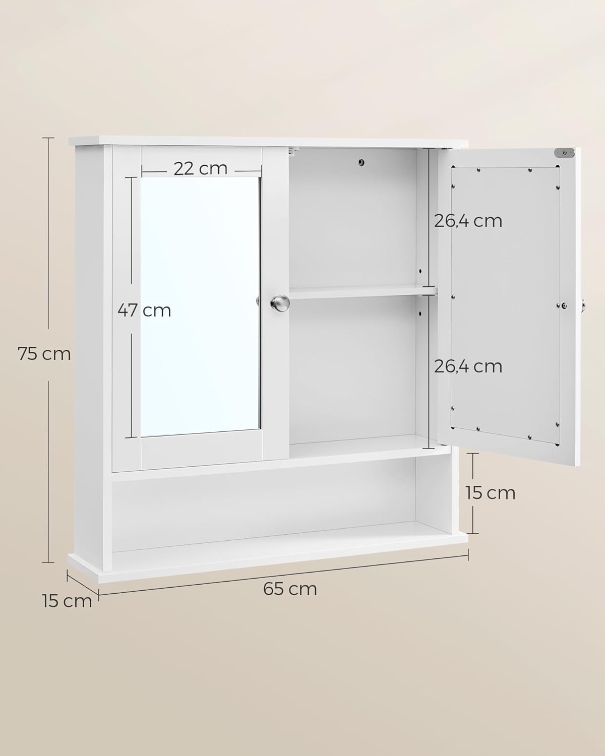 VASAGLE - armoire murale salle de bain - 15x65x75 cm - 2 portes miroir, étagère réglable LHC012W01