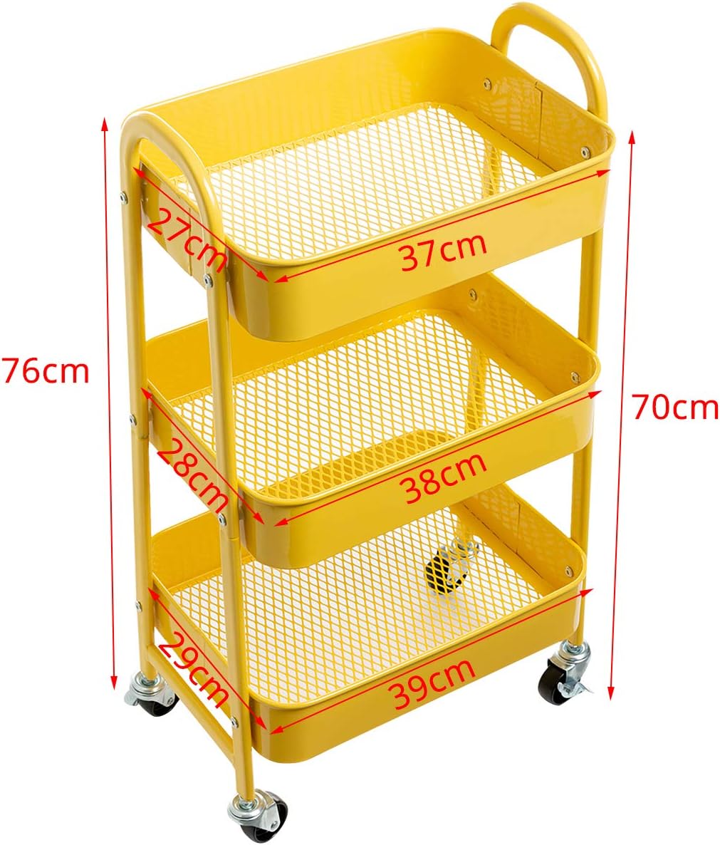 DOEWORKS - chariot de rangement métal 3 niveaux, roulettes, jaune
