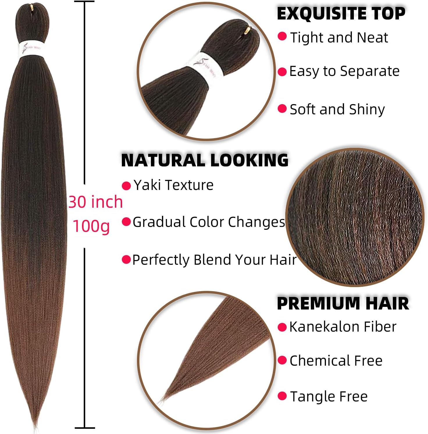 Extensions cheveux synthétiques - lot de 6 - 76 cm - doux, sans nœuds, ombré Yaki T1B/30