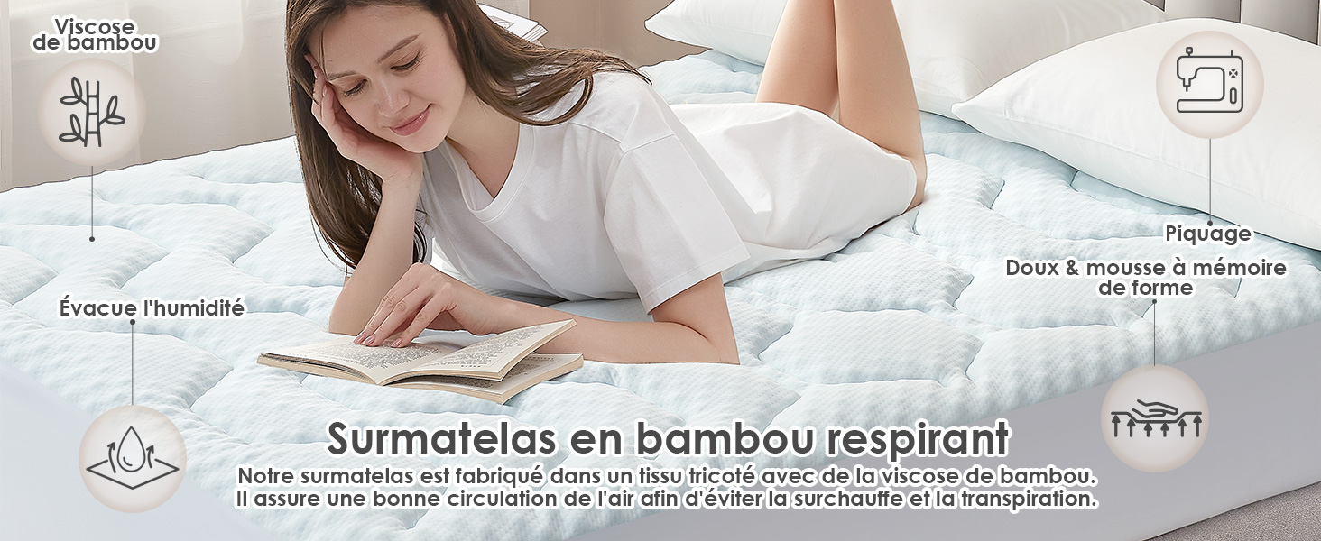 Femme allongée sur un matelas en bambou, lisant. Les caractéristiques comprennent un tissu respirant, une évacuation de l'humidité et une régulation de la température. Le texte indique qu'il s'agit d'un surmatelas respirant à base de bambou