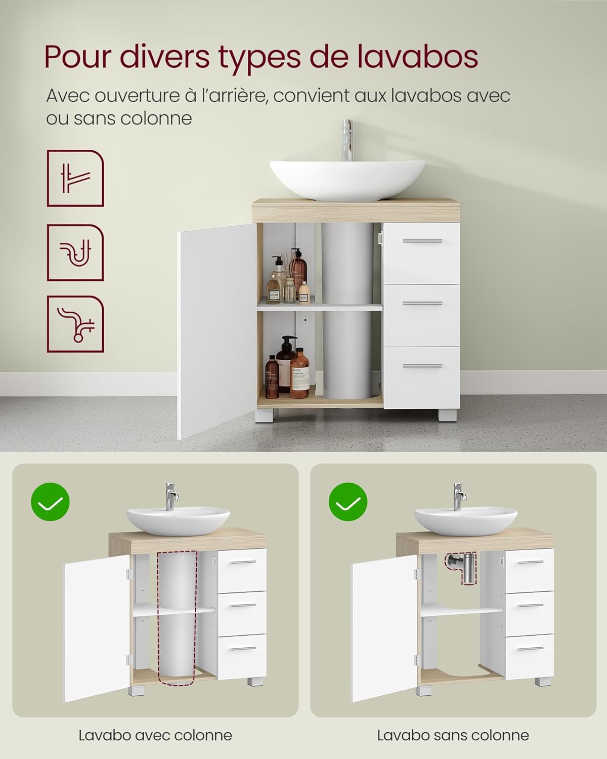 VASAGLE - meuble sous lavabo série BBK514LL01 - 30x60x64 cm, 3 tiroirs, 2 compartiments