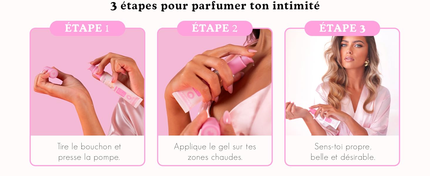 Guide pédagogique rose à trois panneaux intitulé « 3 étapes pour parfumer ton intimité » montrant les mains appliquant le produit et démontrant les étapes d'utilisation dans des