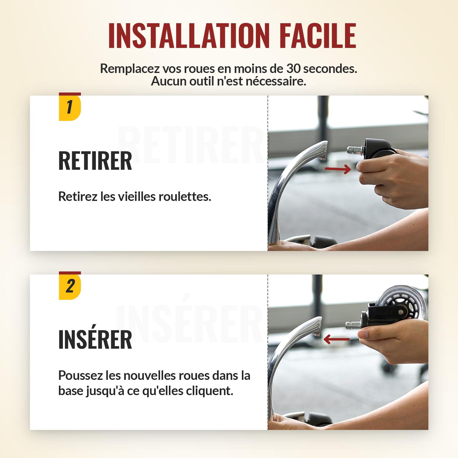 HOLKIE - roulettes chaise bureau - 11x22mm - caoutchouc robustes pour sols durs et tapis