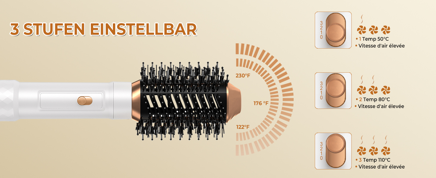avec poils noirs et accents dorés. Dispose de 3 réglages de chaleur réglables indiqués par des icônes. Le texte « 3 STUFEN EINSTELLBAR