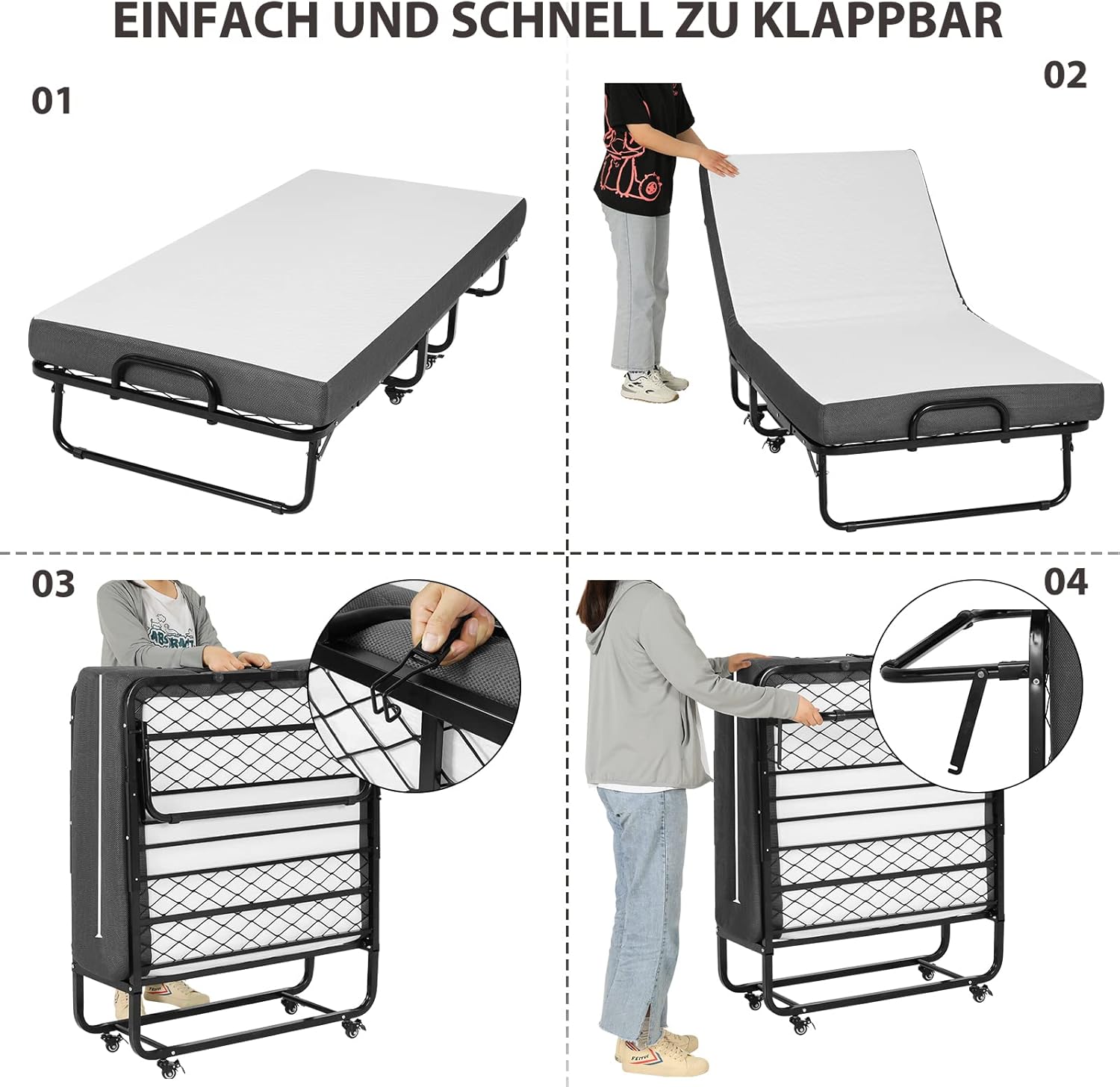 DICTAC - lit pliant 90x200 cm, matelas mémoire de forme, avec roulettes