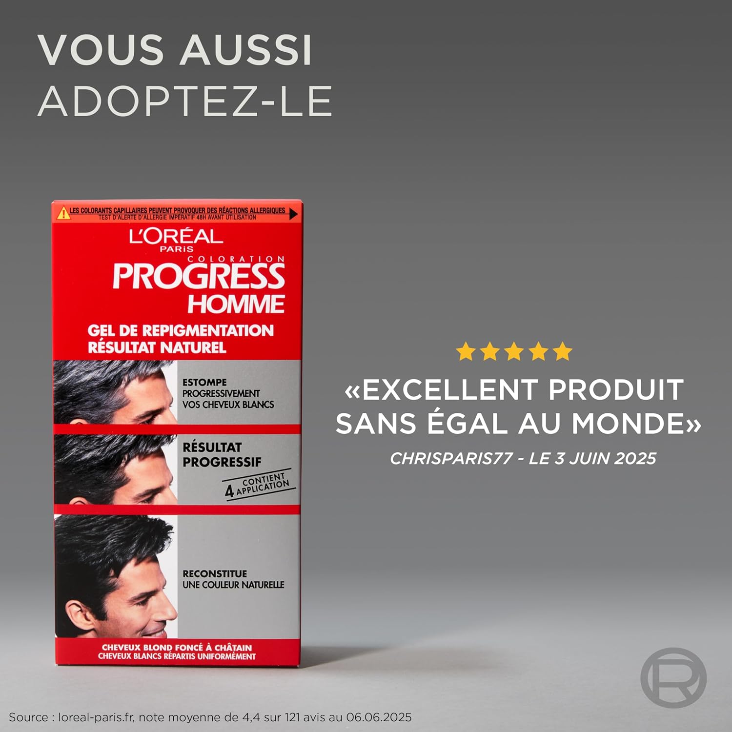 L'Oréal Paris - Progress Homme - gel repigmentant - sans ammoniaque, naturel, 4 applications, tous cheveux