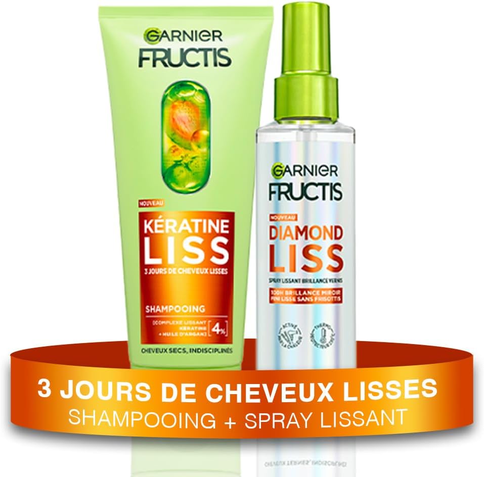 Garnier Fructis - Diamond Liss - 2 produits - Kératine, Argan, anti-frisottis