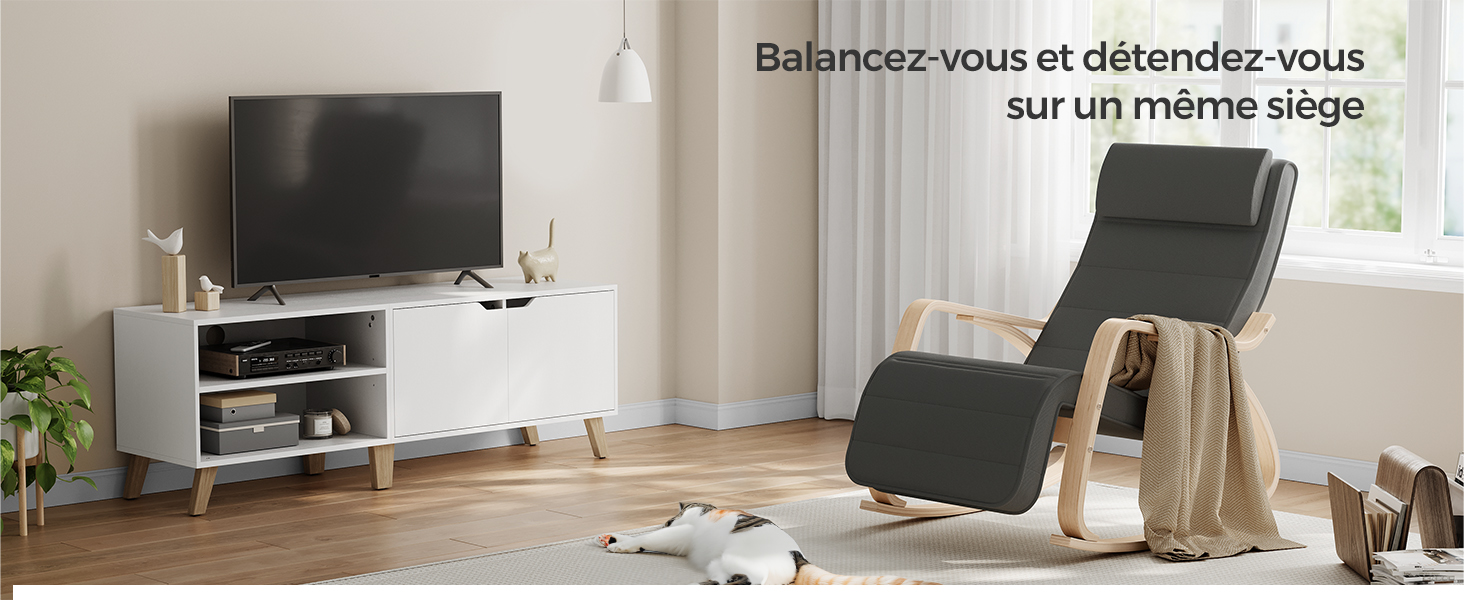 Cadre de salon avec meuble TV et fauteuil inclinable. Le texte français suggère de s'équilibrer et de se détendre sur le même siège.