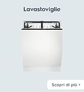 Le texte se lit comme suit : « Lavastoviglie » et « scopri di più ». Mise en page publicitaire montrant la silhouette des appareils de cuisine sur fond clair avec des éléments de design minimalistes.