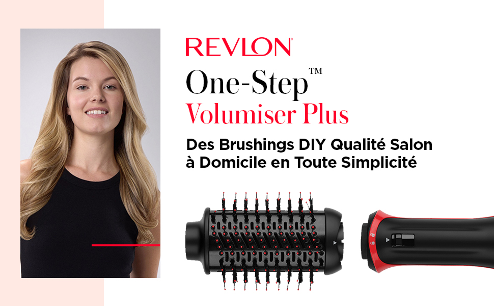 Le texte se lit comme suit : « REVLON One-Step Volumiser Plus Des Brushings DIY Qualité Salon à Domicile en Toute Simplicité ». Montre une brosse à cheveux noire avec des accents rouges.