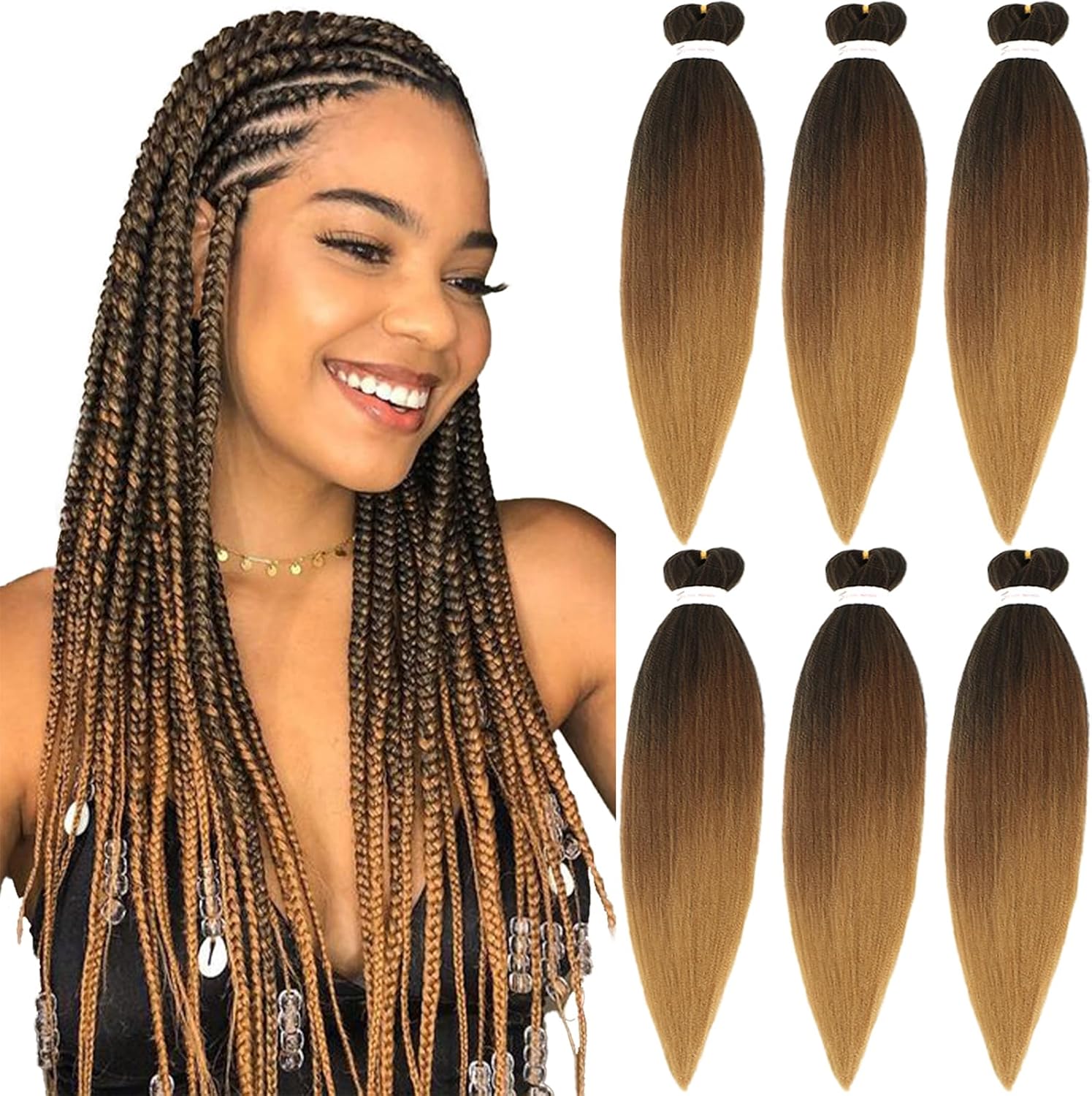 Meches cheveux tressés pré-étirés 20 pouces, ombré noir/brun, 6 paquets, lisse Kanekalon, T1B/30/27#