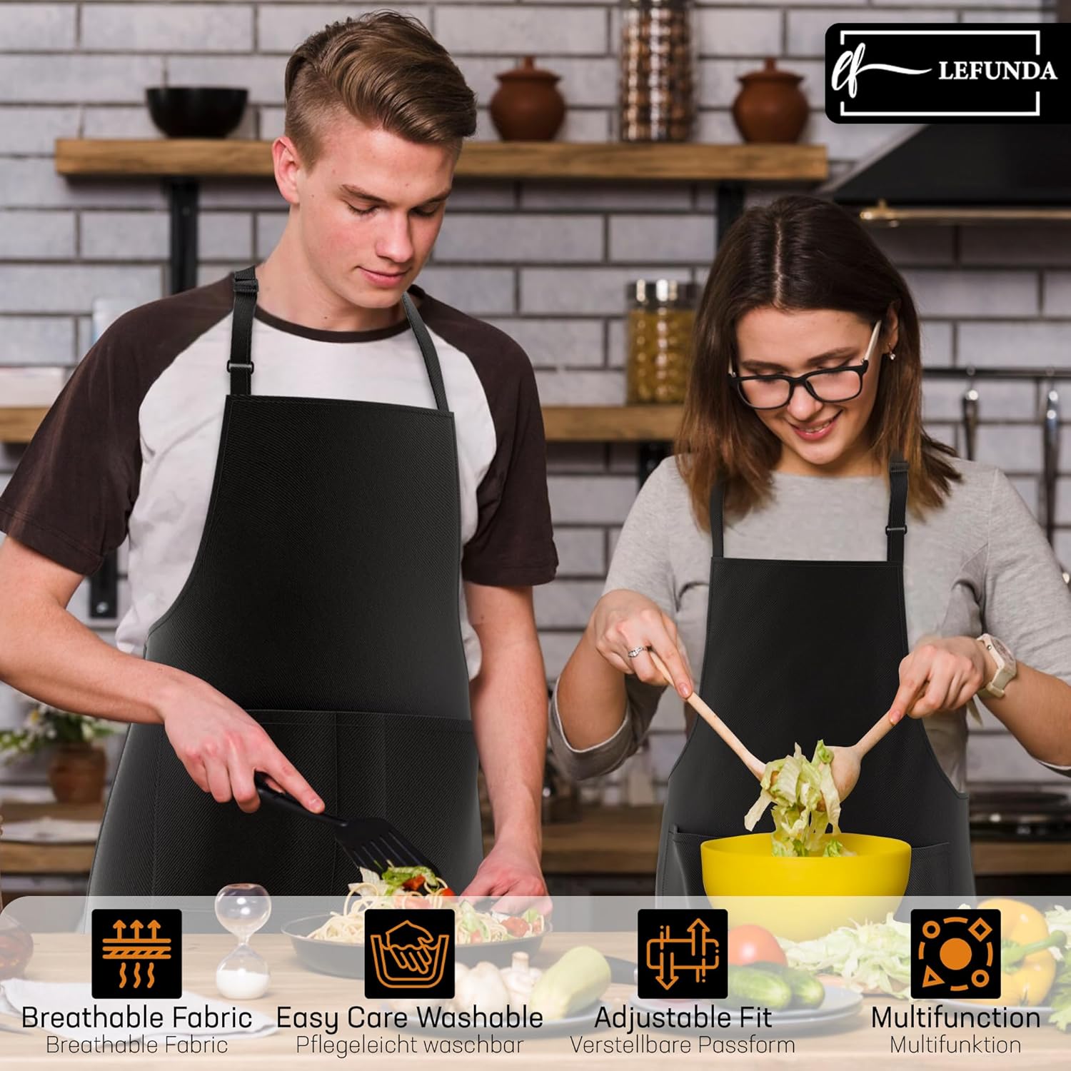 LEFUNDA - tablier cuisine réglable, 3 poches, imperméable, longues lanières