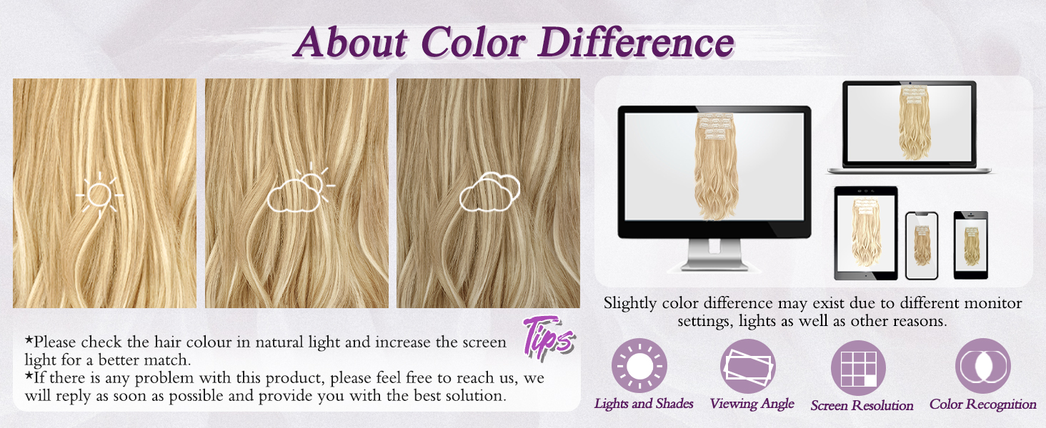 Affichage des informations sur la précision des couleurs montrant des échantillons de cheveux blonds sur différents appareils numériques avec des icônes expliquant les directives de visualisation des variations de couleur.