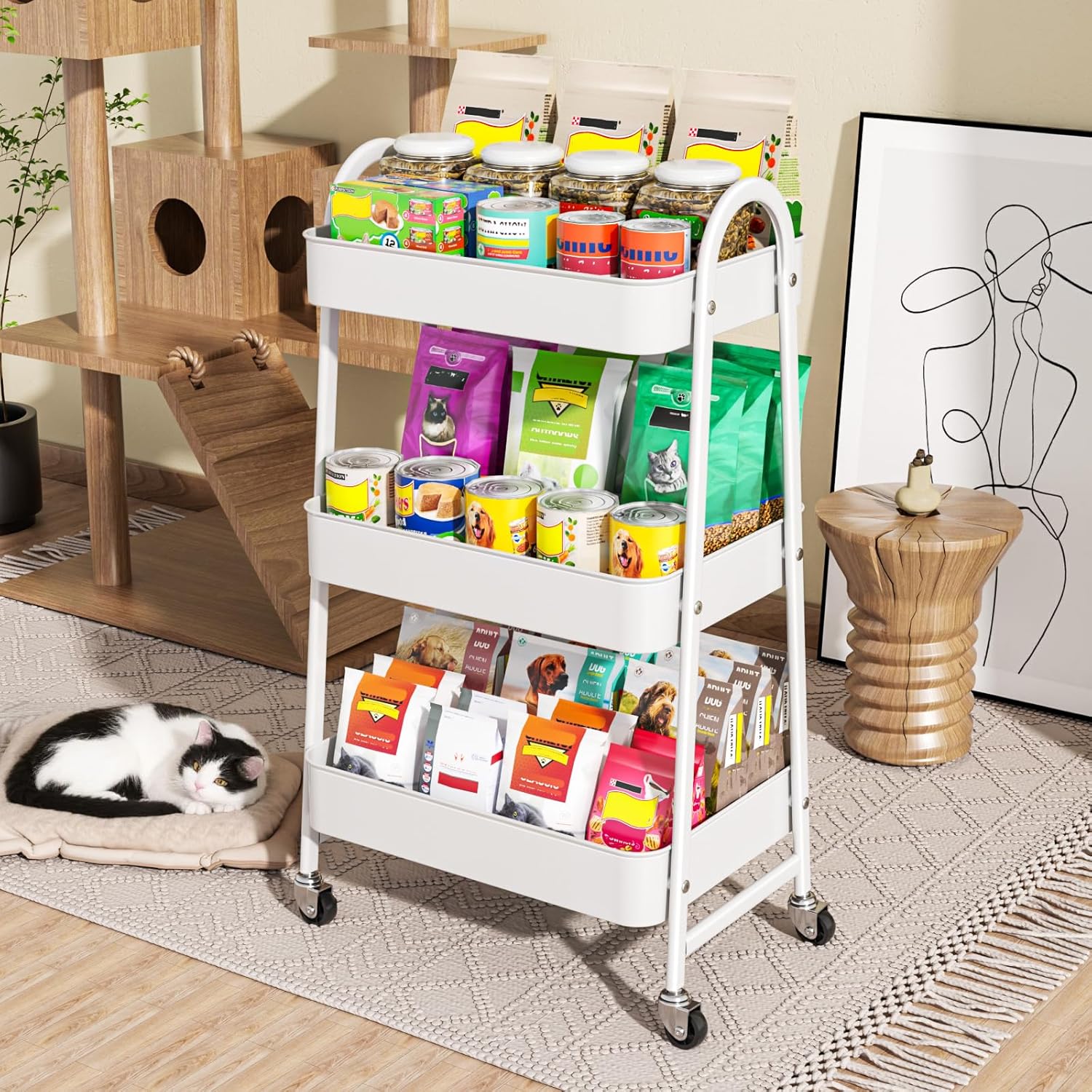 Chariot mobile 3 niveaux - métal, roulettes, 2 freins - blanc