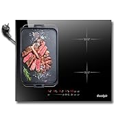 montrant un bifteck grillé sur la surface de cuisson. Design en verre noir avec commandes tactiles et logo Goodair