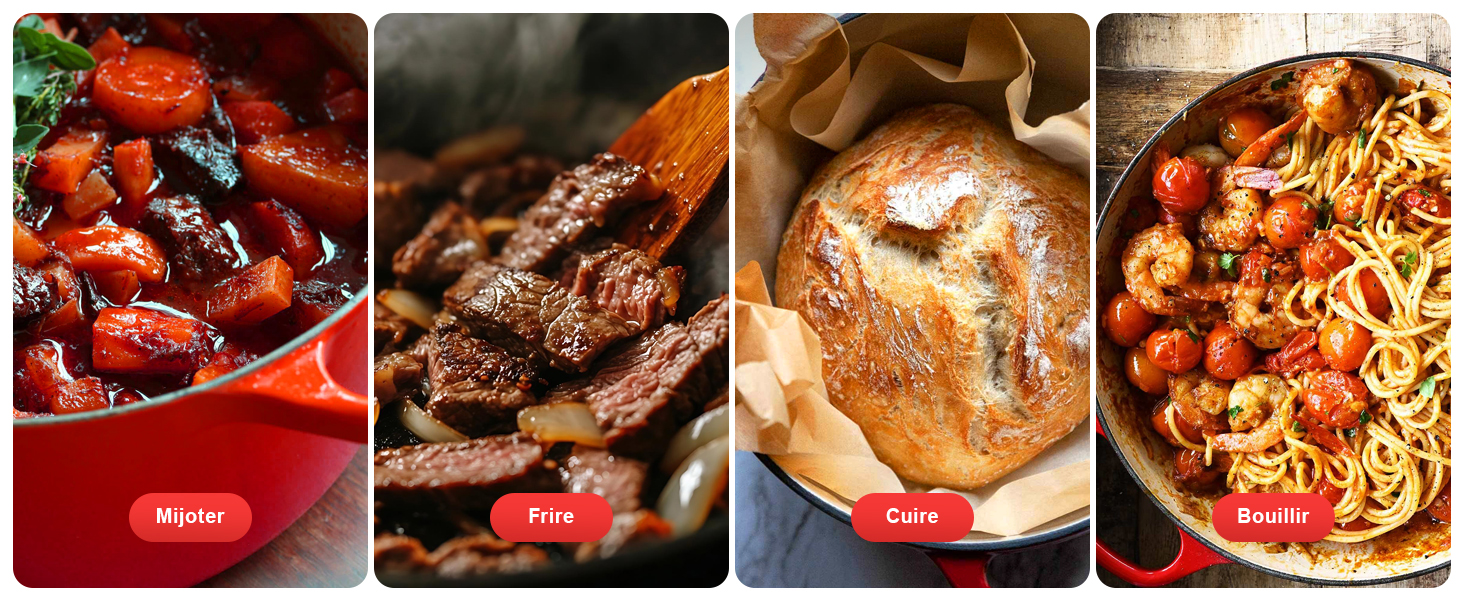 Le texte se lit comme suit : « Image 3 ». Série d'images de préparation des aliments montrant le processus de cuisson avec des ingrédients rouges et divers plats dans des casseroles.